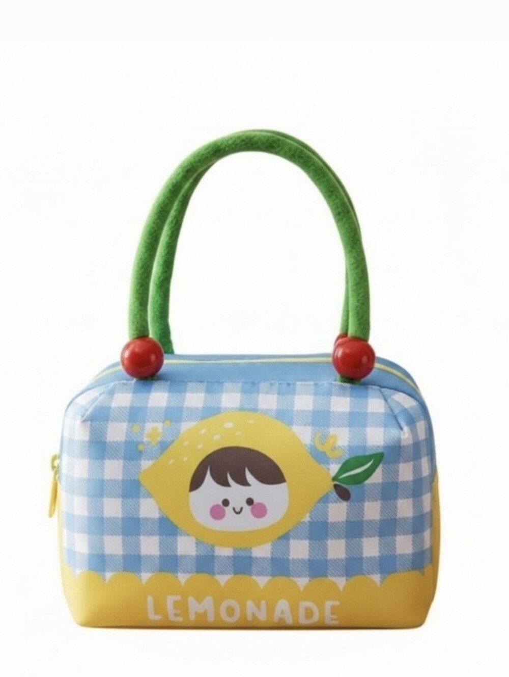 Kawaii Cartoon Lemonade Insulated Lunch Bag Tote Gingham Fuzzy Handles New